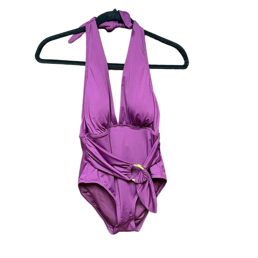 Kate Spade Belted Plunging Halter One-Piece Swimsuit Cabarnet Purple Size Small